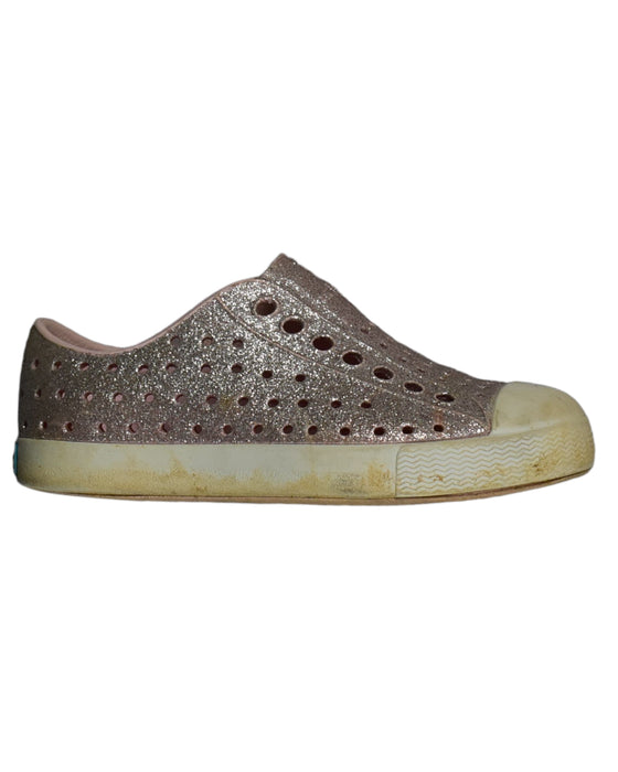 A Silver Slip Ons from Native Shoes in size 3T for girl. (Front View)