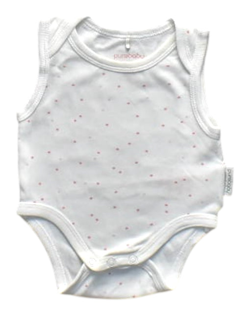 A White Sleeveless Bodysuits from Purebaby in size Newborn for girl. (Front View)