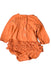 A Orange Long Sleeve Rompers from RuffleButts in size 0-3M for girl. (Back View)