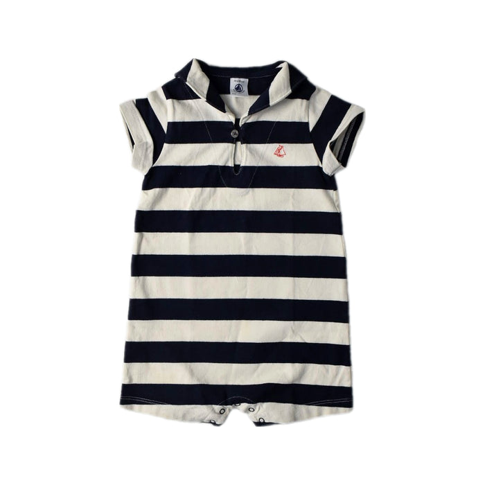 A Navy Short Sleeve Rompers from Petit Bateau in size 12-18M for neutral. (Front View)