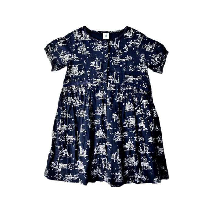 A Navy Short Sleeve Dresses from Petit Bateau in size 6T for girl. (Front View)