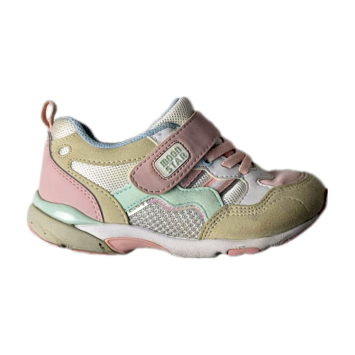 A Pink Sneakers from Moonstar in size 5T for girl. (Front View)