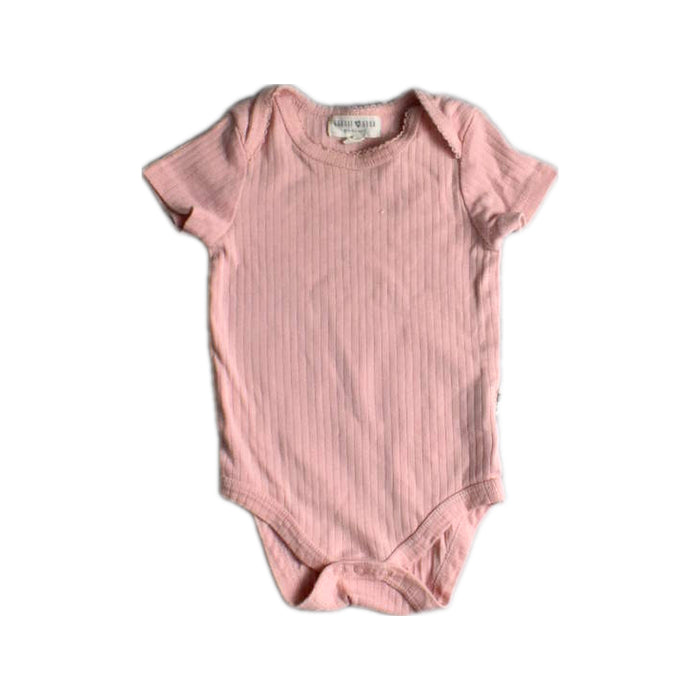 A Pink Short Sleeve Bodysuits from Rabbit + Bear in size 6-12M for girl. (Front View)
