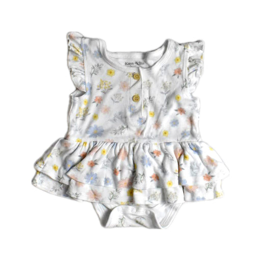 A White Sleeveless Rompers from Kays + Kins in size 3-6M for girl. (Front View)