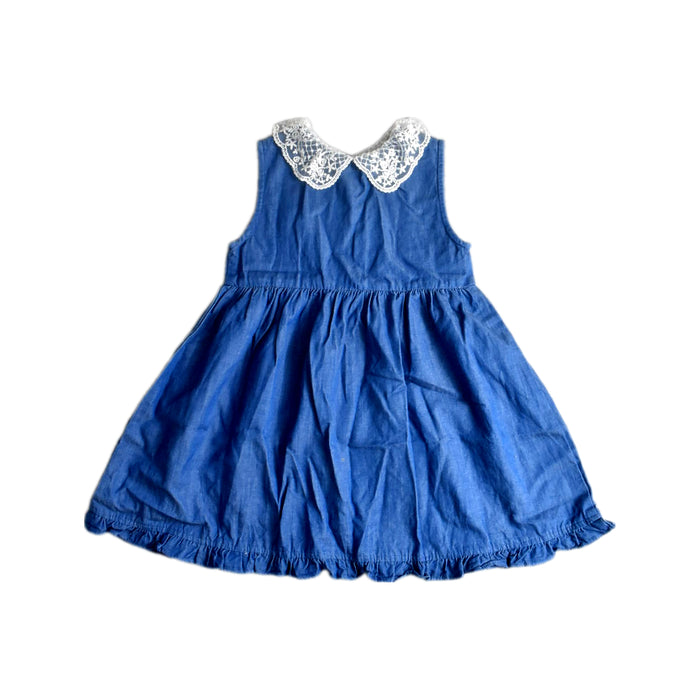 A Blue Sleeveless Dresses from Minkmui in size 4T for girl. (Back View)
