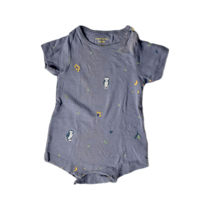A Blue Short Sleeve Bodysuits from Le Petit Society in size 0-3M for girl. (Front View)