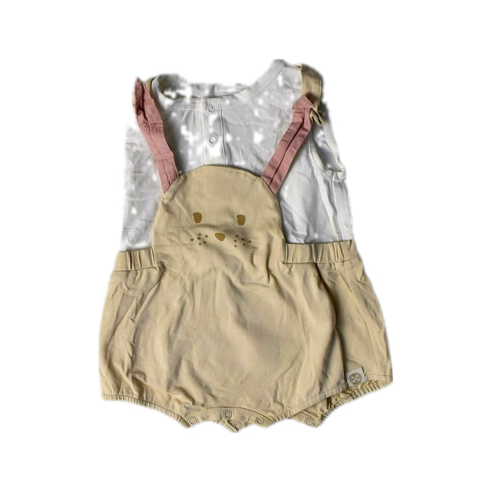 A Beige Overall Shorts from Le Petit Society in size 6-12M for girl. (Front View)