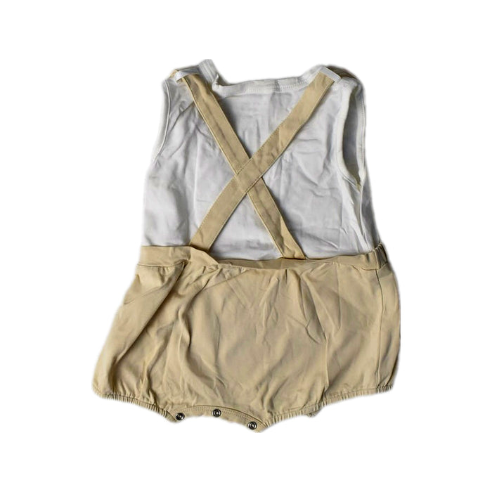 A Beige Overall Shorts from Le Petit Society in size 6-12M for girl. (Back View)
