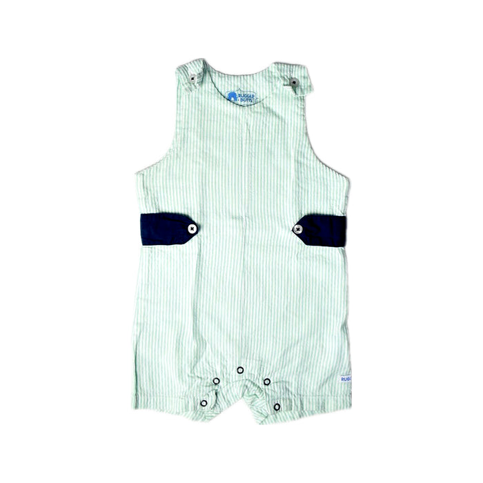 A Green Sleeveless Rompers from RuggedButts in size 6-12M for girl. (Front View)