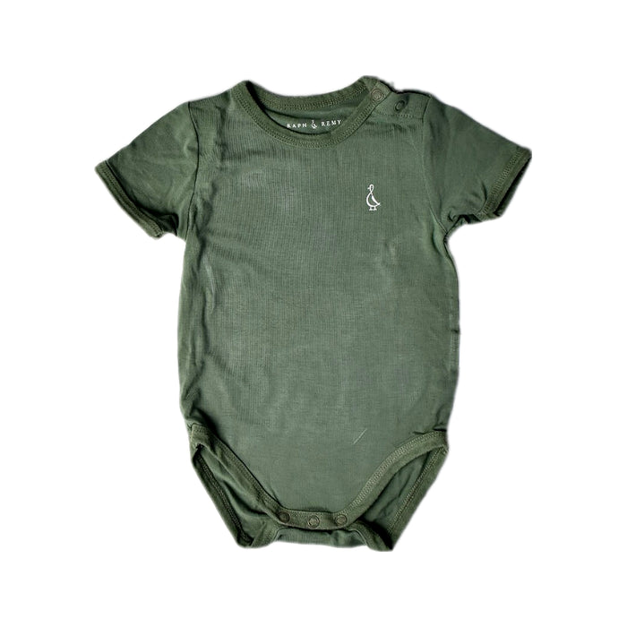 A Green Short Sleeve Bodysuits from Raph and Remy in size 3-6M for neutral. (Front View)