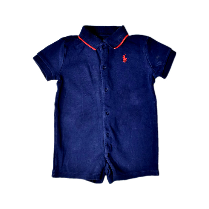 A Navy Short Sleeve Rompers from Ralph Lauren in size 3-6M for boy. (Front View)