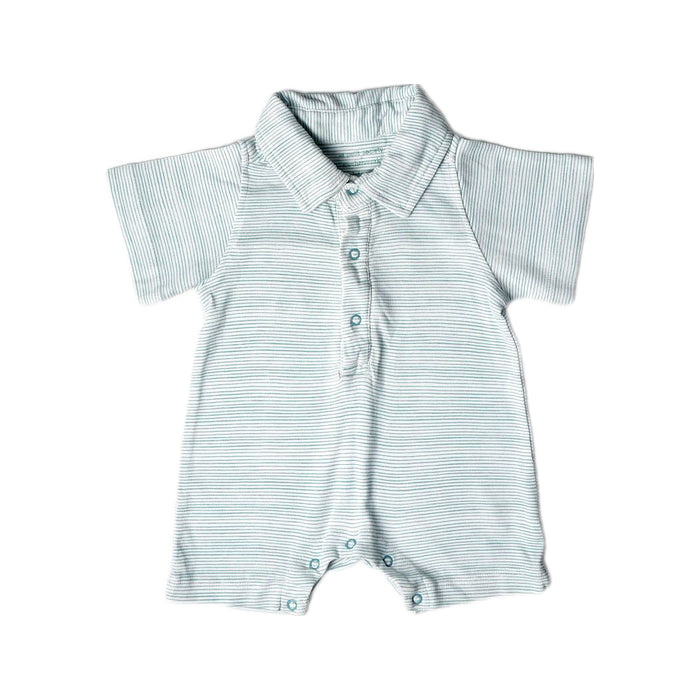A Blue Short Sleeve Rompers from Le Petit Society in size 3-6M for boy. (Front View)