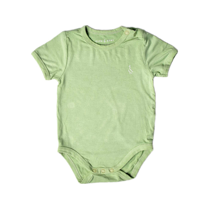 A Green Short Sleeve Bodysuits from Raph and Remy in size 3-6M for neutral. (Front View)