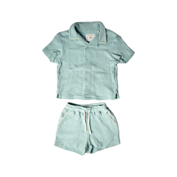 A Green Shorts Sets from Gingersnaps in size 3-6M for boy. (Front View)