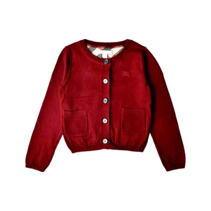 A Burgundy Cardigans from Burberry in size 6T for girl. (Front View)