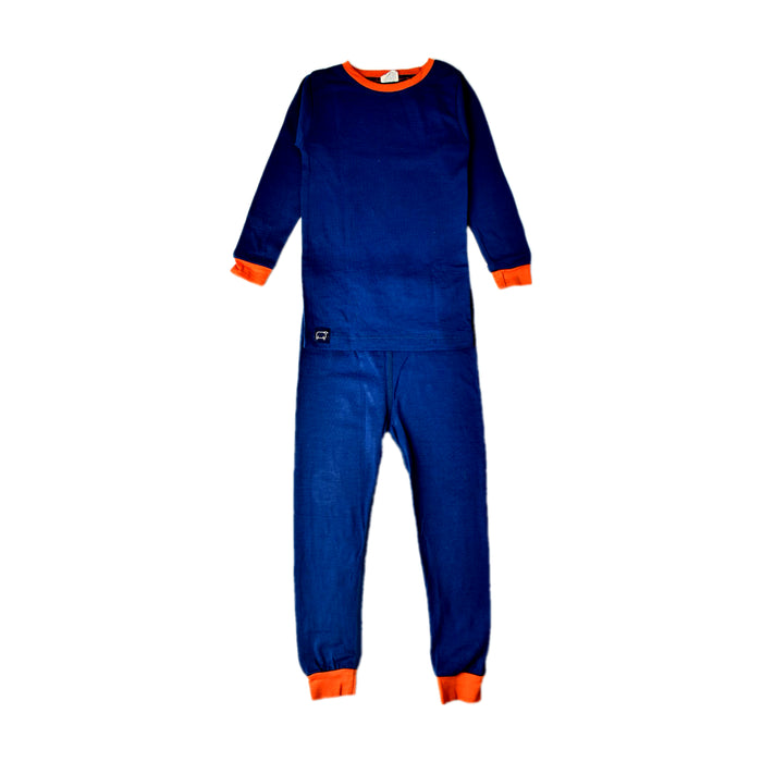 A Blue Pyjama Sets from Wee Woollies in size 4T for boy. (Front View)